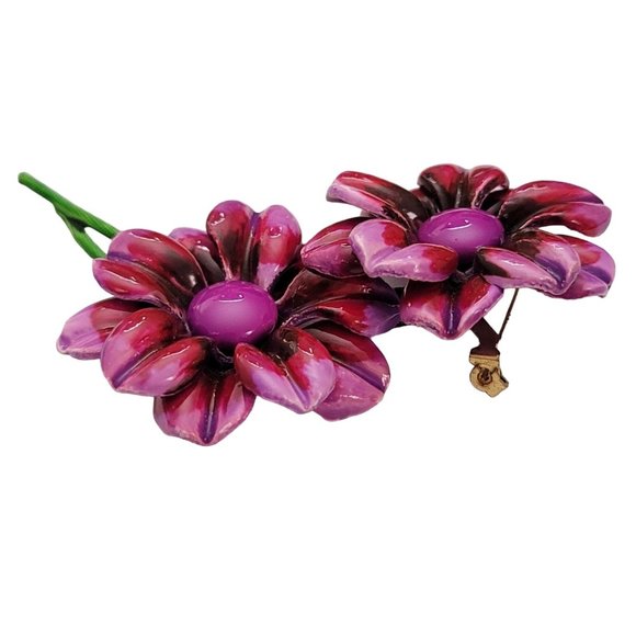 Pink Purple Plastic Daisy Flower Duo, Green Metal Stem Pin Brooch E143 - Picture 5 of 10